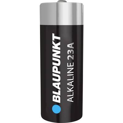 Zwarte alkaline batterij met zilveren deksel. Merknaam 'Blaupunkt' en type '23A' aan de zijkant.