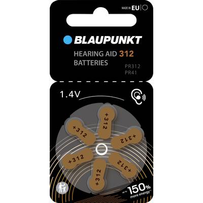 'BLAUPUNKT' Hoortoestelbatterijen, Type 312, 1.4V. Verpakking toont zes batterijen met '312' opdruk. Opmerking: 150% meer energie.