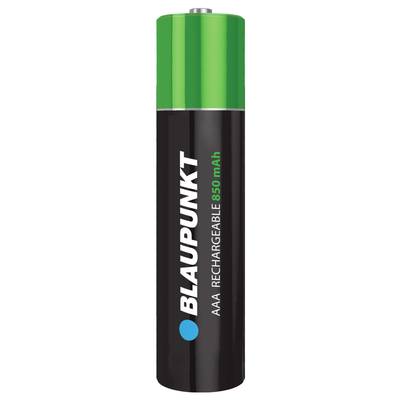 Een oplaadbare AAA-batterij van Blaupunkt met 850 mAh capaciteit. Zwart design met groen bovenste deel en typeaanduiding.