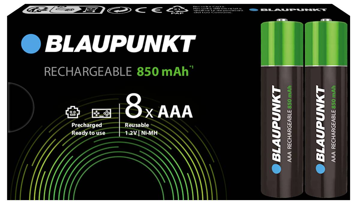 'Blaupunkt' Batterijpakket met 8 oplaadbare AAA-batterijen, 850 mAh, Ni-MH, voorgeladen en gebruiksklaar. Toont een groen batterijontwerp.