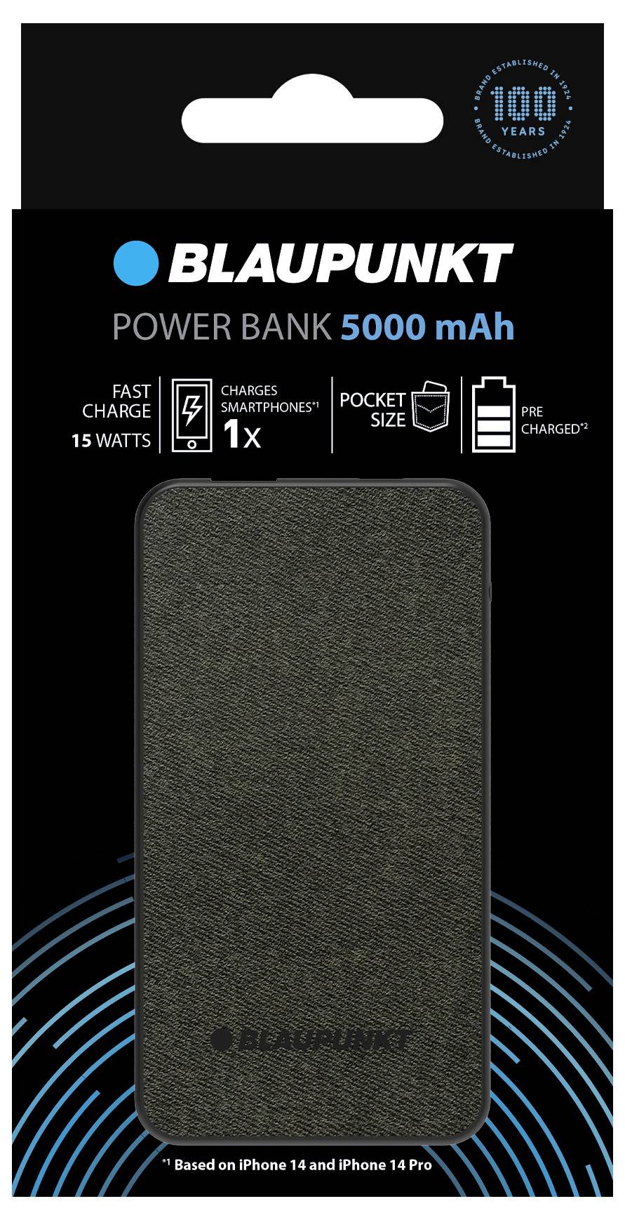 Een Blaupunkt powerbank met 5000 mAh capaciteit, die snel opladen, compacte afmetingen en vooraf opladen biedt.