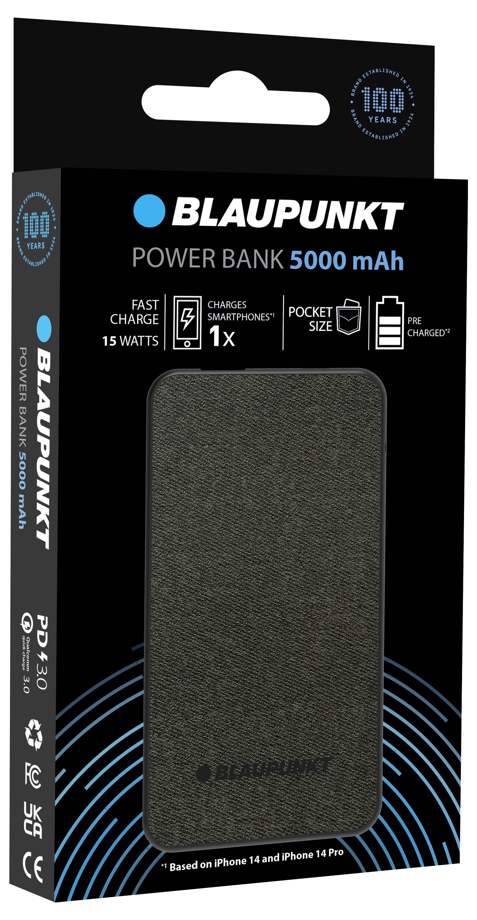 Blaupunkt Powerbank, 5000 mAh, zwart. Verpakking toont belangrijkste kenmerken: snelle laadfunctie, 15 Watt, compatibel met smartphones.