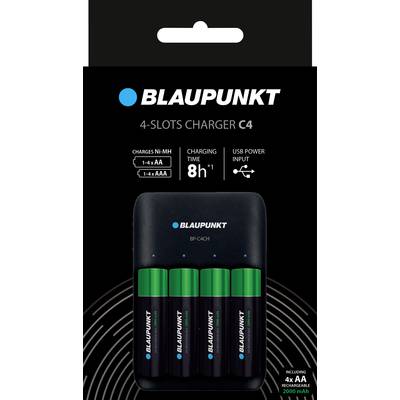 Batterijlader met vier sleuven en vier groene AA-batterijen. Laadtijd 8 uur. Geschikt voor AAA- en AA-batterijen.