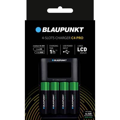 'Blaupunkt C4 Pro oplader met vier AA-batterijen, laadtijd 1 uur, USB-voeding, LCD-display. Geschikt voor AA en AAA-batterijen.'