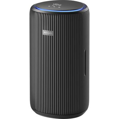 Zwarte cilindrische luidspreker met geprofileerd ontwerp, blauwe LED-ring. Merklogo 'Philips' bovenaan zichtbaar.