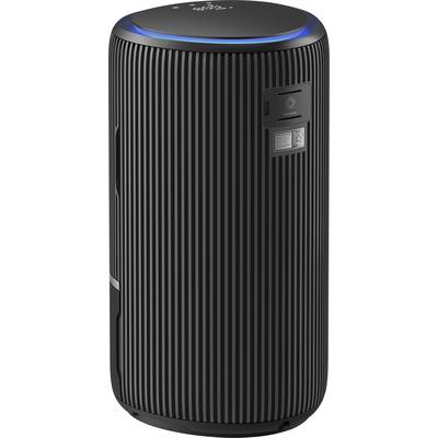 Een cilindrische, zwart gegroefde luchtreiniger met een blauw verlichte bovenrand.