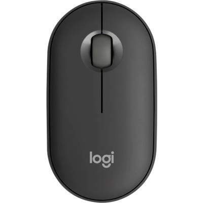 Zwarte, draadloze computermuis gezien van bovenaf, met scrollwiel in het midden en 'logi'-logo onderaan.