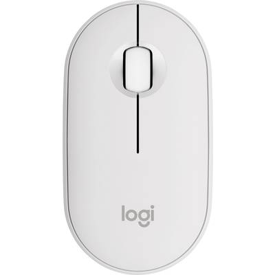Een witte computermuis met logobedrukking, minimalistisch ontwerp, twee knoppen en een scrollwiel in het midden.