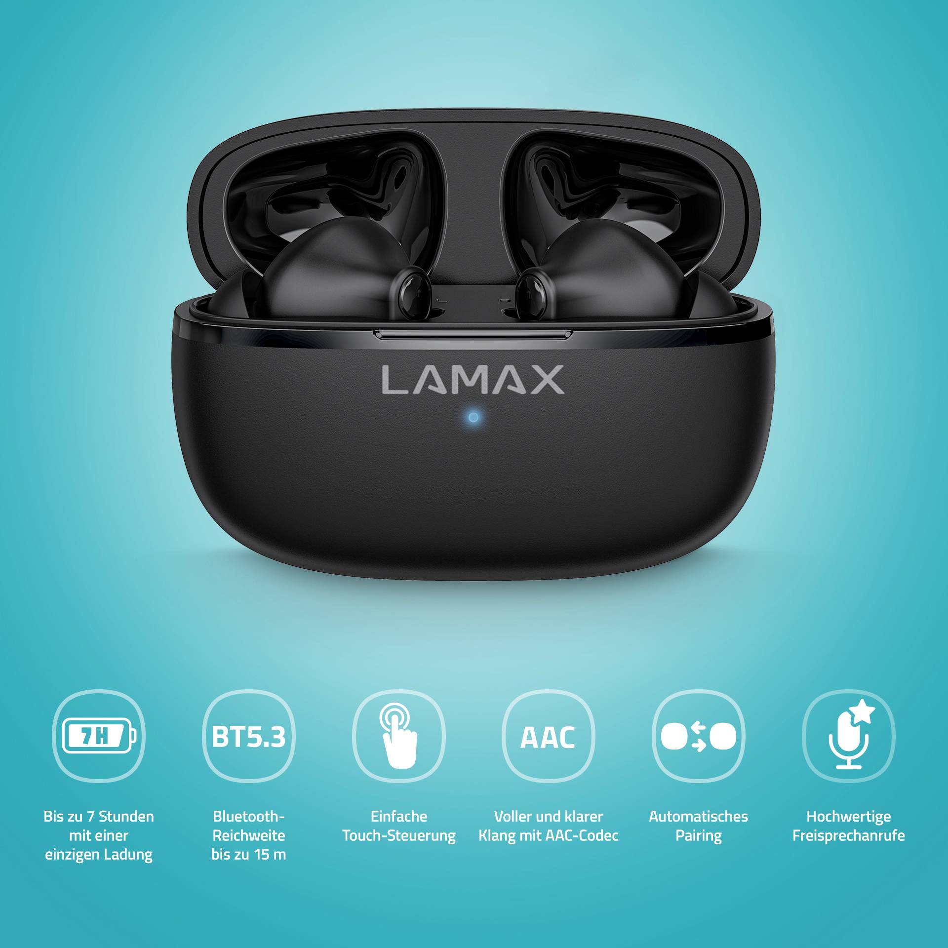 Een zwart glanzende draadloze oordopjesset in een open oplaadcase, omringd door symbolen voor functies: accuduur, Bluetooth 5.3, touchbediening, AAC, automatisch koppelen, handsfree functie.