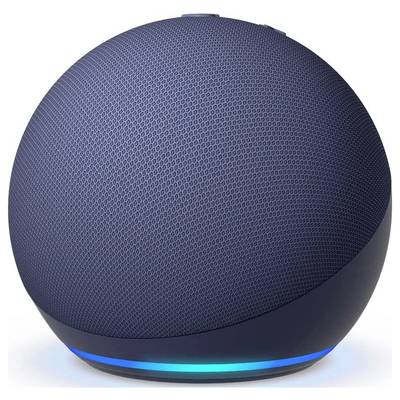 Een blauwe, bolvormige smart-speaker met een verlichte LED-ring aan de onderkant.