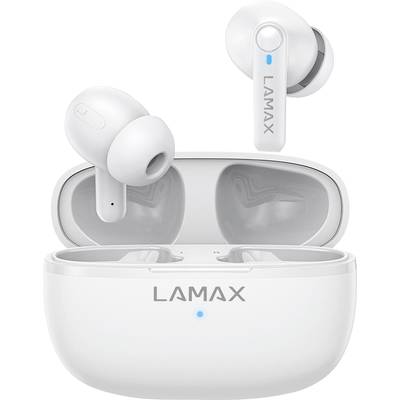 Witte draadloze oordopjes met oplaadcase van het merk 'LAMAX'.