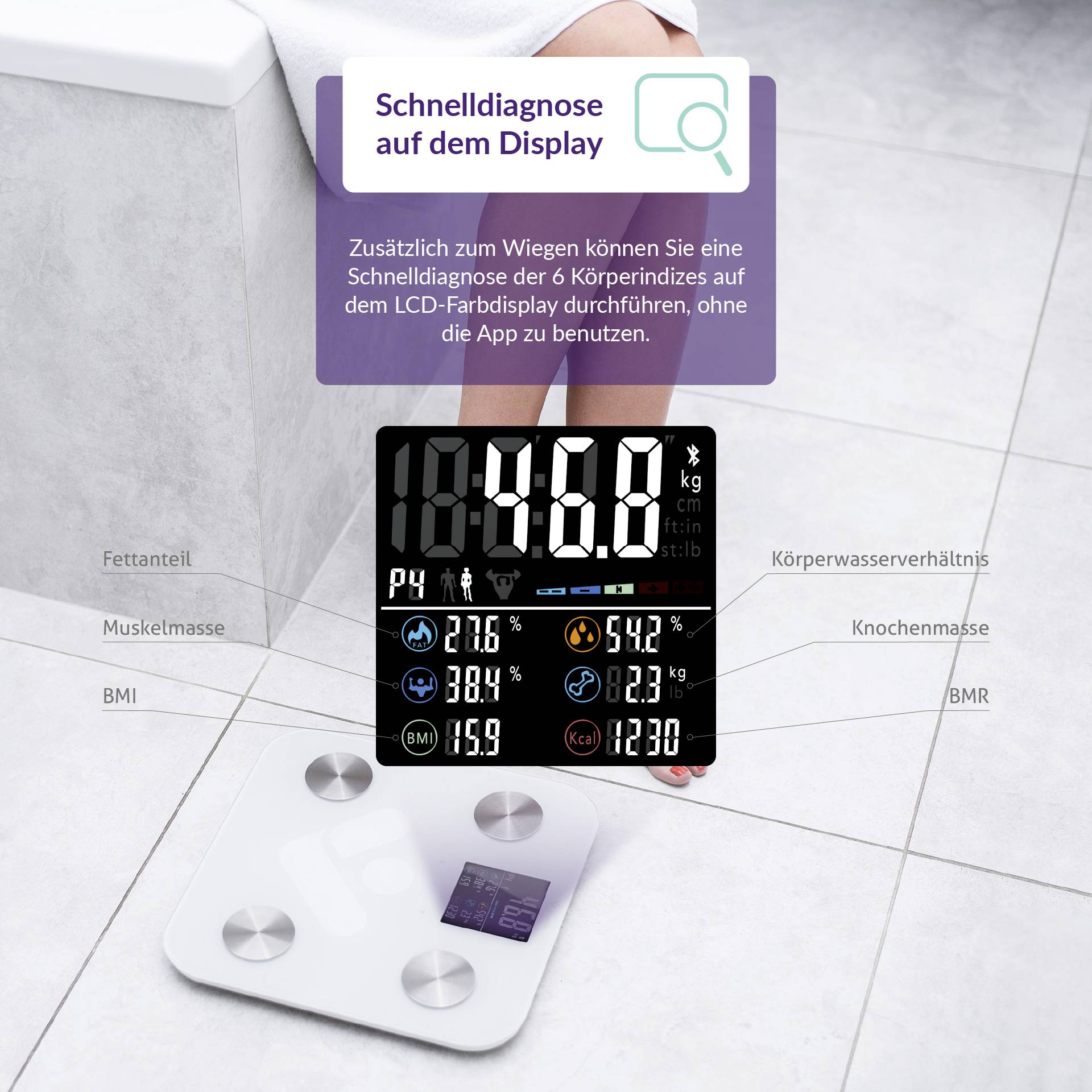 Digitale weegschaal met display toont gewicht, lichaamsvetpercentage en andere lichaamsgegevens. Persoon weegt zich in de badkamer.