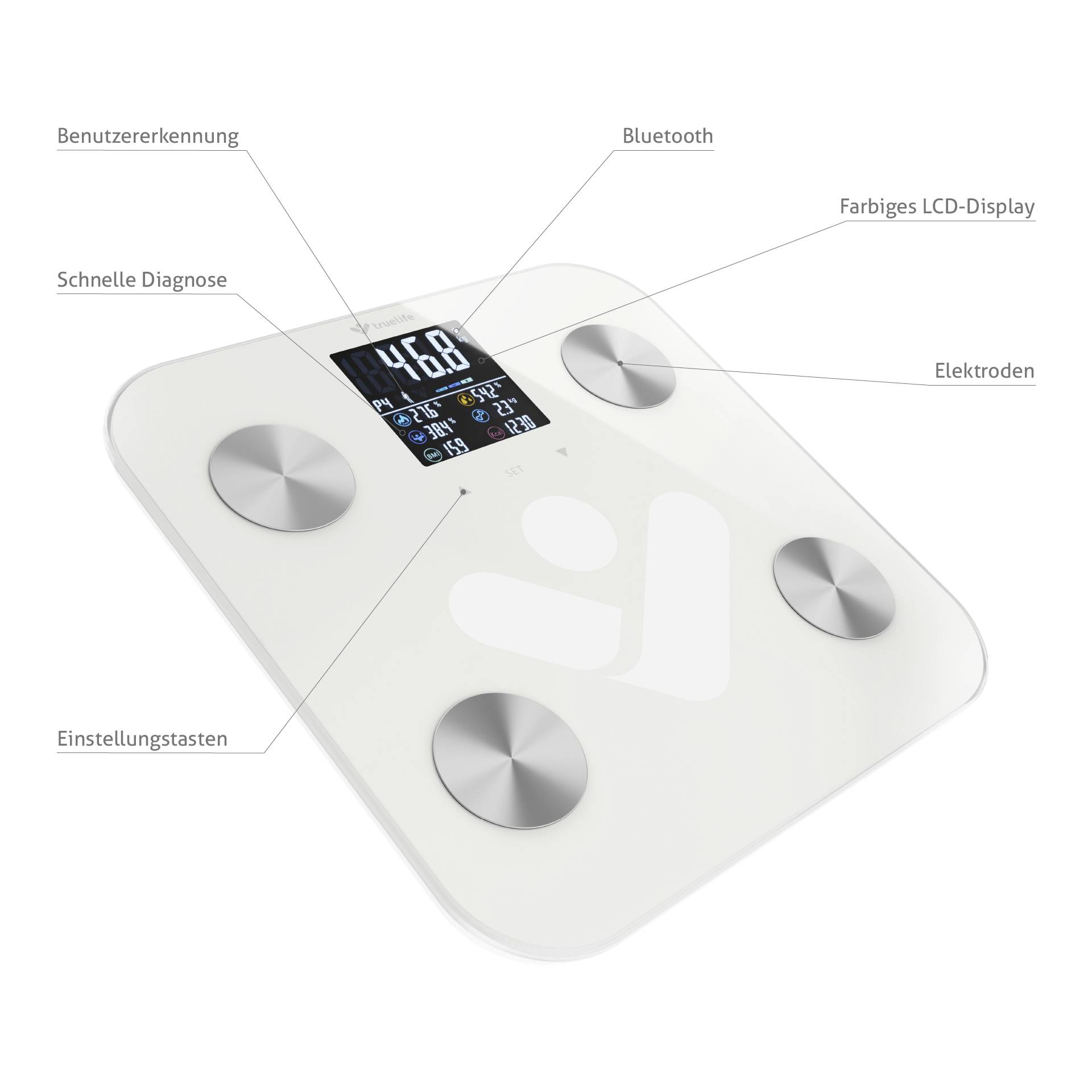 'Digitale personenweegschaal met elektroden, gekleurd LCD-display, Bluetooth en gebruikersherkenning. Snelle diagnose en drie insteltasten.'