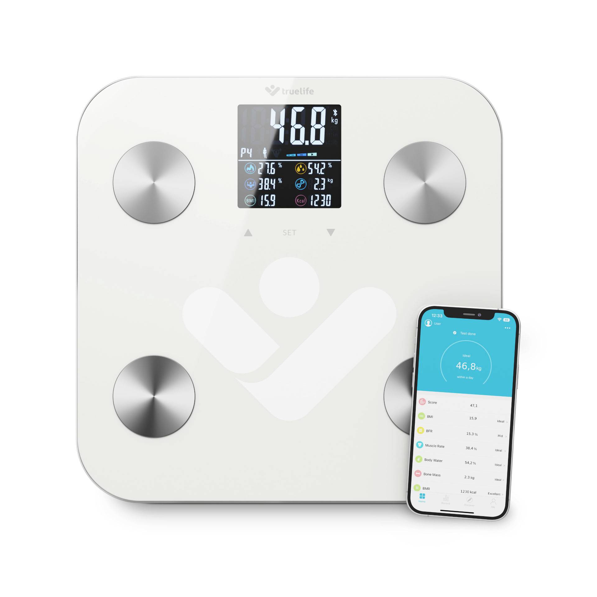 Digitale weegschaal met weergave van gewicht (46,0 kg) en gezondheidsgegevens zoals hartslag en spierpercentage. Smartphone toont bijbehorende app.
