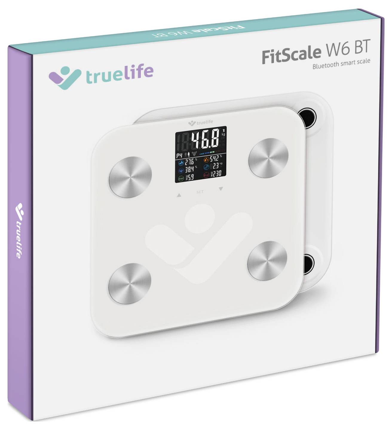 Vierkante, witte, slimme weegschaal met digitaal display, toont '46.0'. Verpakking gemerkt met 'trueLife FitScale W6 BT'.