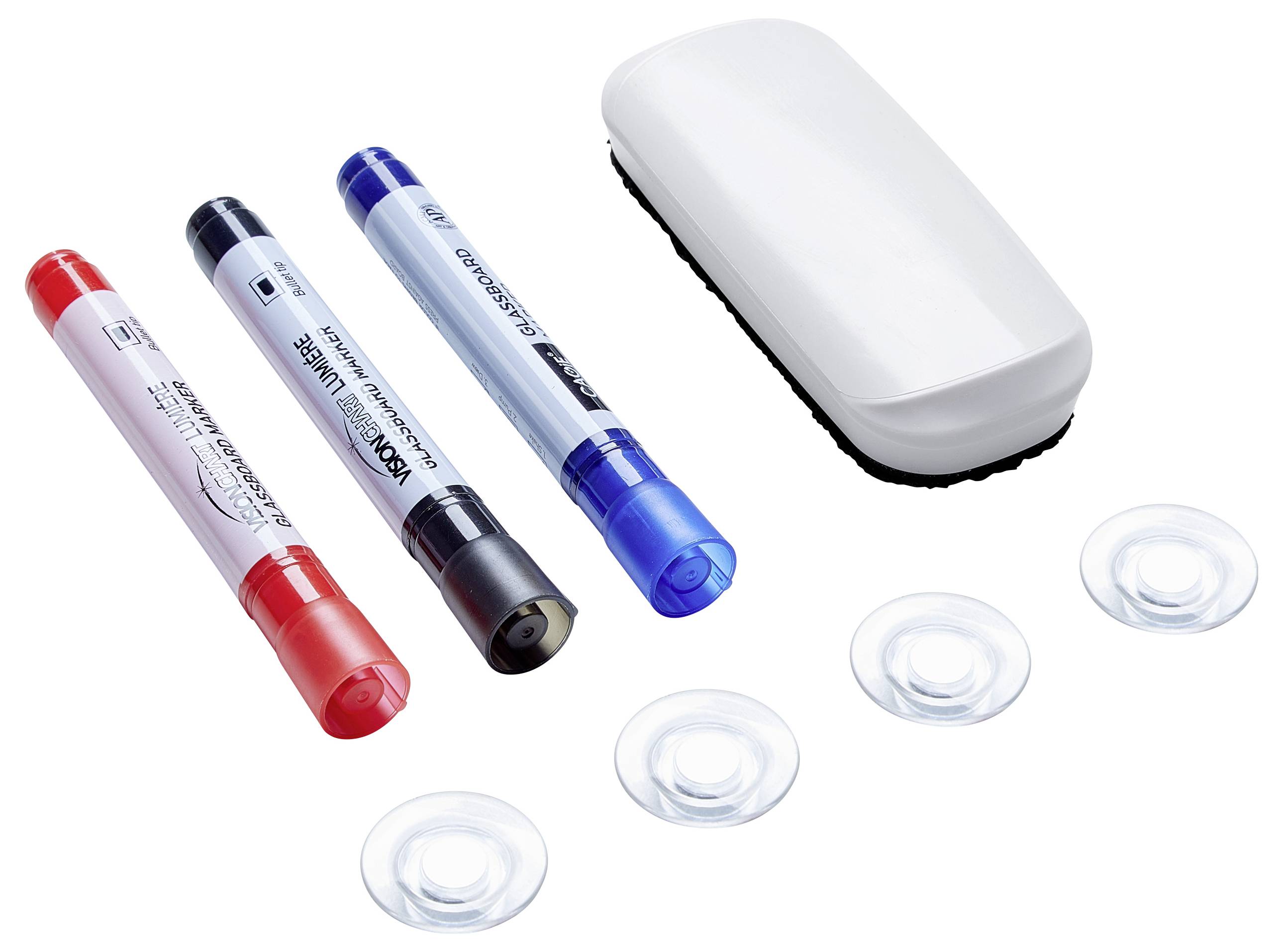 Vier gekleurde pennen (rood, zwart, blauw) en een witte gum liggen naast elkaar, daaronder vier transparante zuignappen.