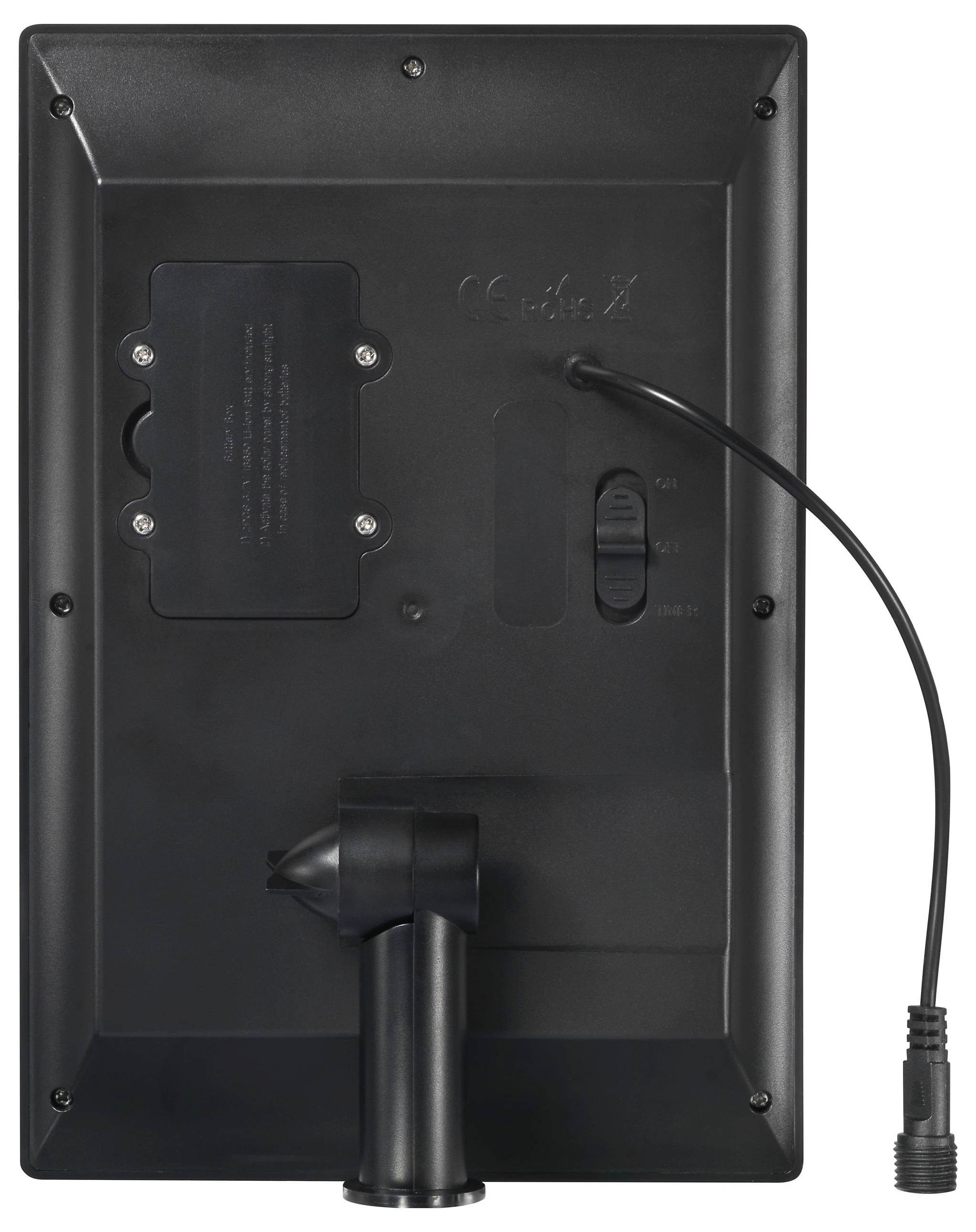 De achterkant van een zwart elektronisch apparaat met een uitstekende kabel en een schakelaar. Geen zichtbare merken.