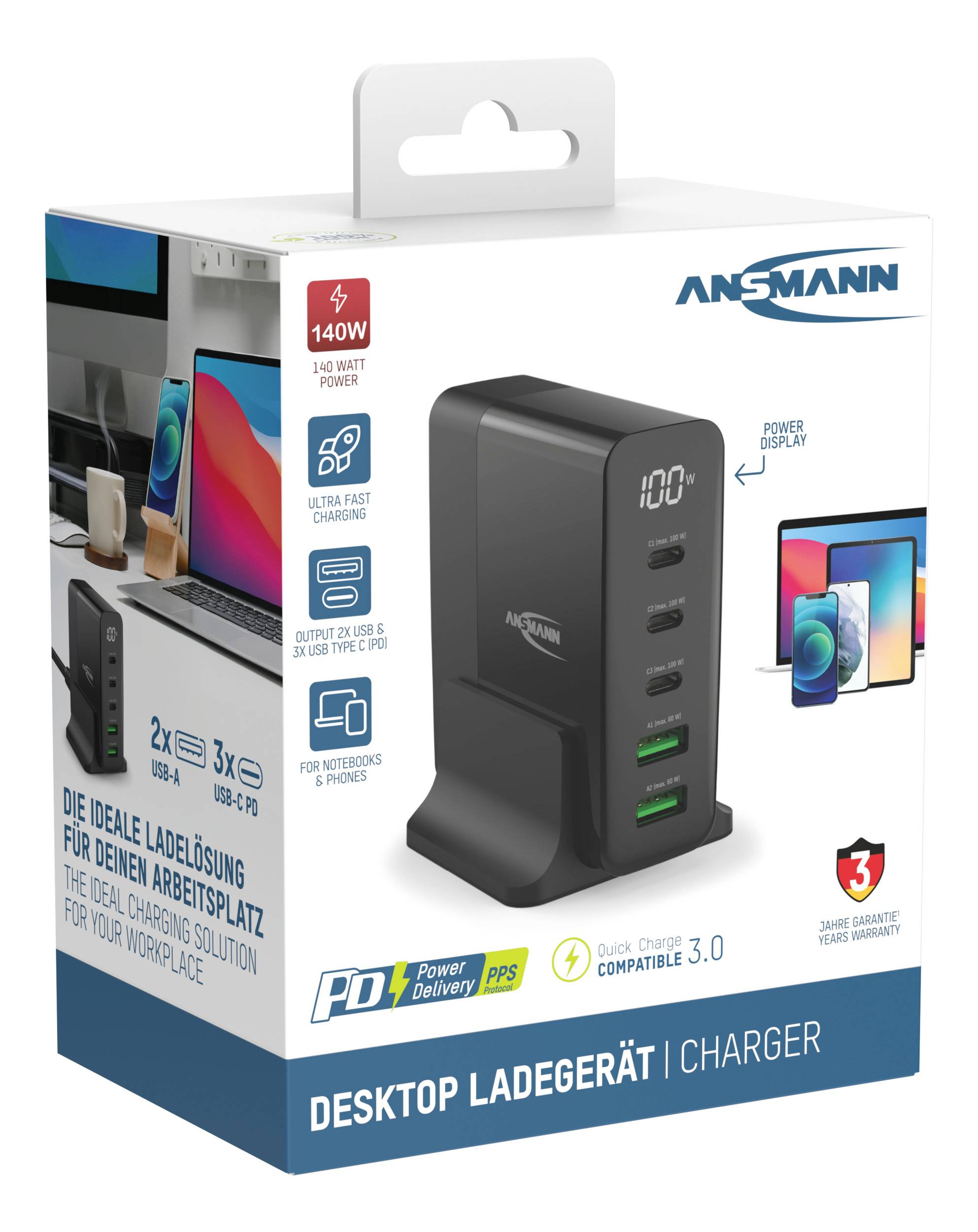 Zwart desktop-oplaadstation met meerdere USB-poorten. Verpakking toont oplader in gebruik, compatibel met verschillende apparaten.