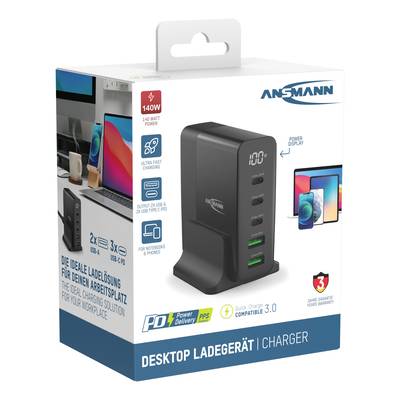 Zwart desktop-oplaadstation met meerdere USB-poorten. Verpakking toont oplader in gebruik, compatibel met verschillende apparaten.