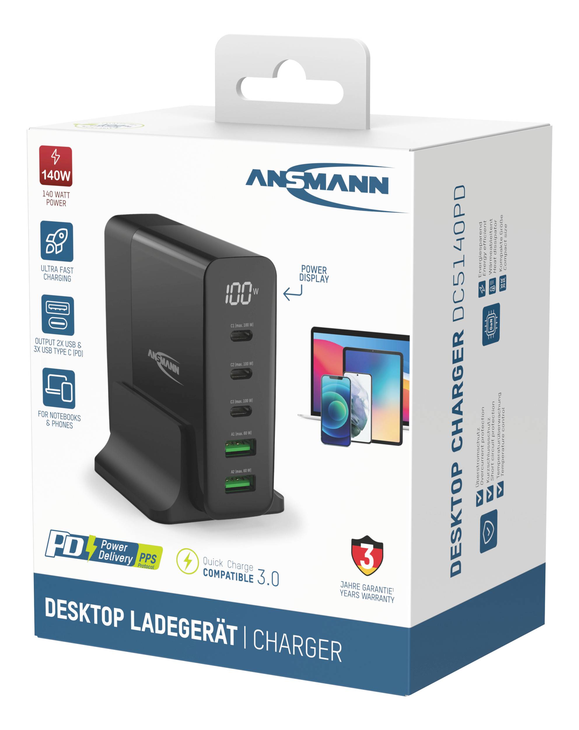 'Ansmann Desktop Laadstation DC5140PD' Verpakking. Toont laadstation met meerdere poorten, 'Power Delivery' en 'Snel Opladen' functies, evenals apparaatcompatibiliteit en garantie.