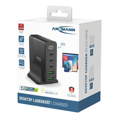 'Ansmann Desktop Laadstation DC5140PD' Verpakking. Toont laadstation met meerdere poorten, 'Power Delivery' en 'Snel Opladen' functies, evenals apparaatcompatibiliteit en garantie.