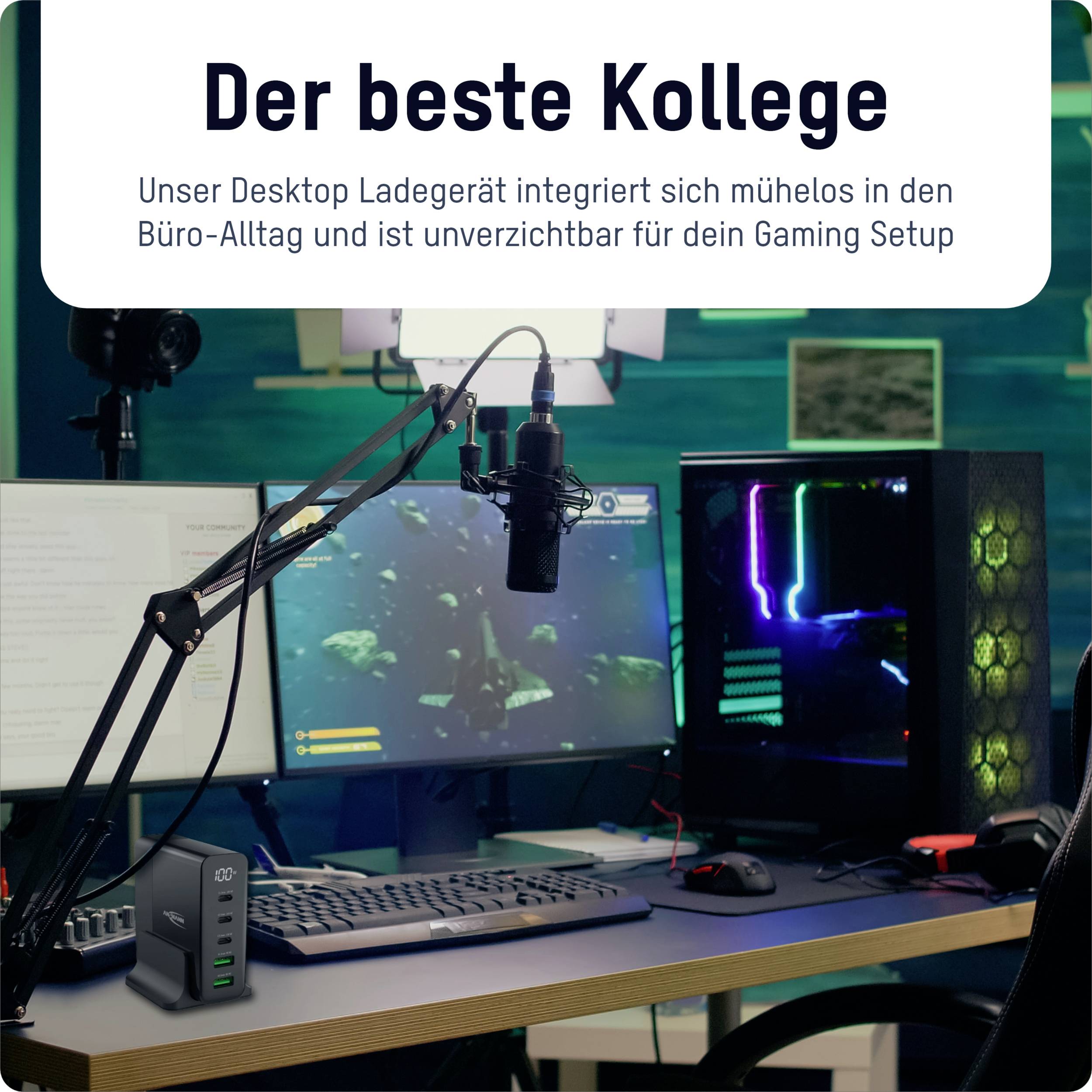 'Gaming-setup met desktopoplader, microfoon en verlichte pc. Tekst in beeld: De beste collega; laadstation geïntegreerd in kantoor en gaming-dagelijks leven.'