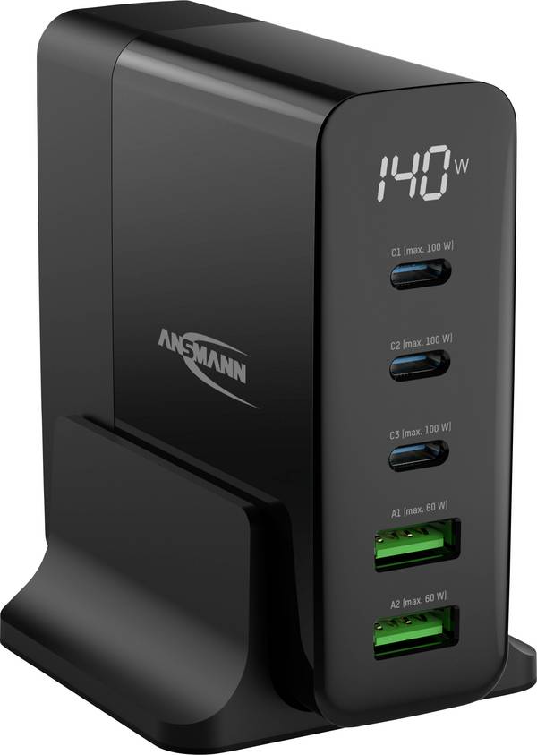 Ansmann Desktop Ladegerät mit Display DC5140PD 140W USB-oplader 140 W 2x USB-A, 3x USB-C USB PD Zwart Binnen