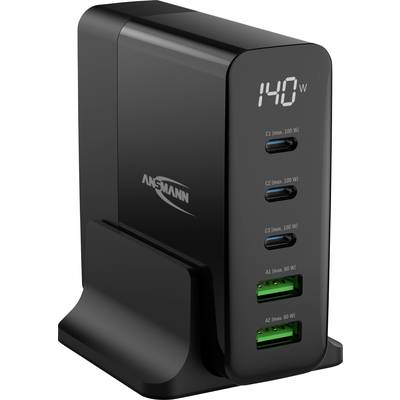 Zwart Ansmann laadapparaat met vijf USB-poorten. Digitaal display toont '140 W'. Twee groene en drie blauwe poorten zichtbaar.