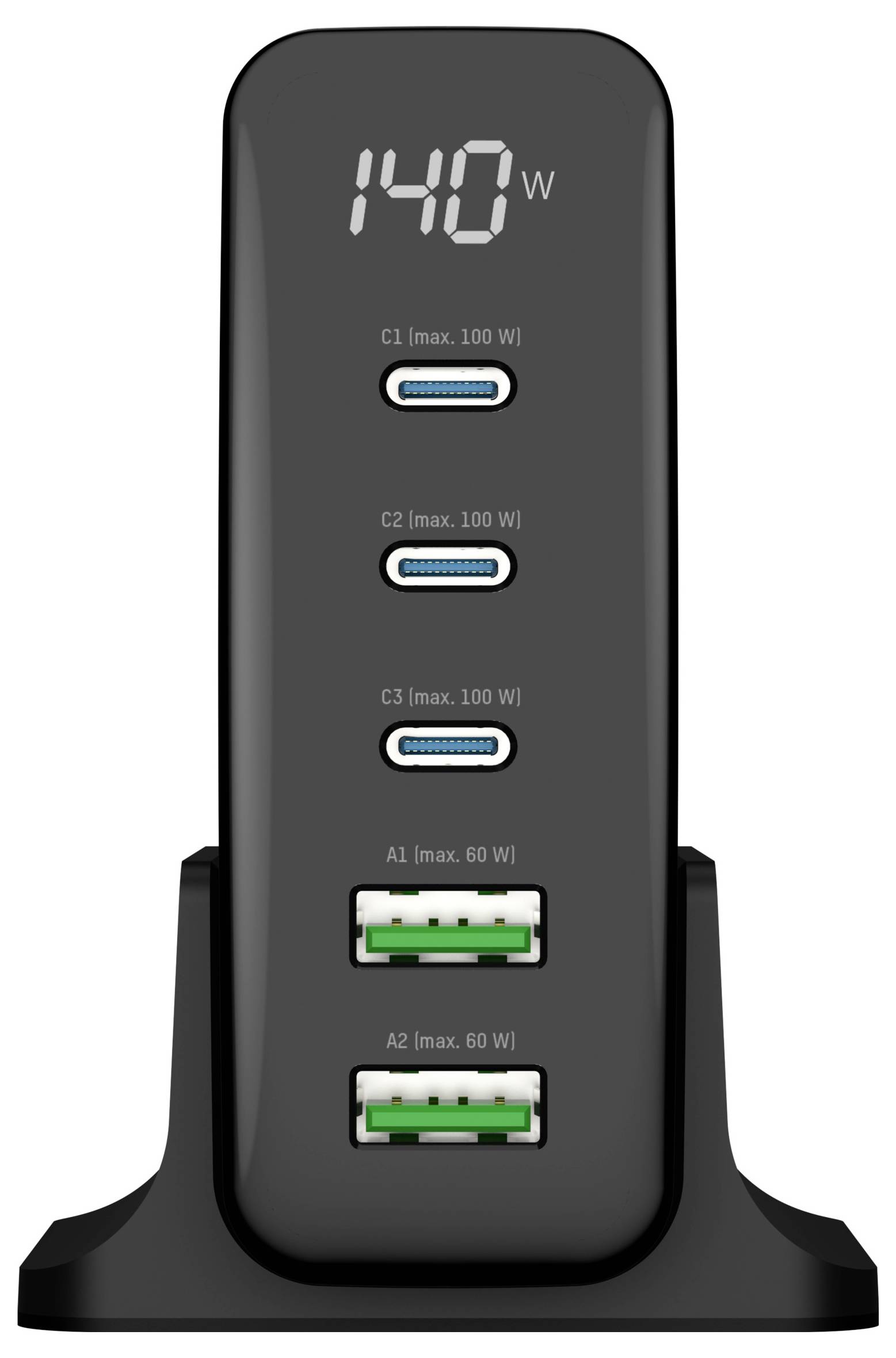 Een zwarte oplader met vier USB-poorten. Bovenaan toont een display '140 W'. Twee poorten zijn gemarkeerd voor 100 W, twee voor 60 W.