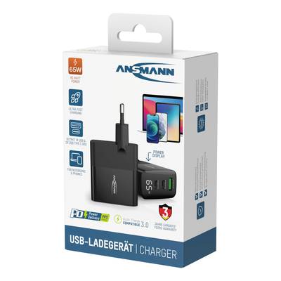 'Ansmann USB-oplader, 65 Watt vermogen, compatibel met USB-C, snelladen, voor notebooks & smartphones, 3 jaar garantie.'