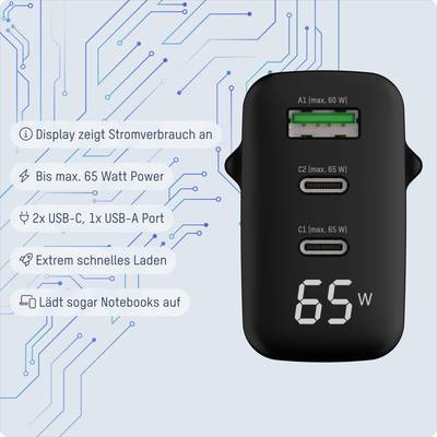 Zwart oplader met 65W-indicator, 2 USB-C- en 1 USB-A-poort. Tekst benadrukt hoge laadsnelheid en apparaatcompatibiliteit.