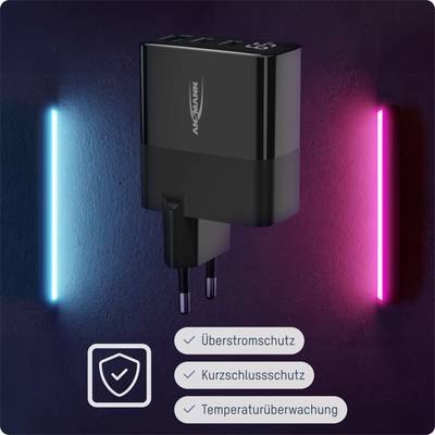 Een zwarte oplader op een verlichte achtergrond met de tekst 'Overstroombeveiliging, kortsluiting bescherming, temperatuurcontrole'.
