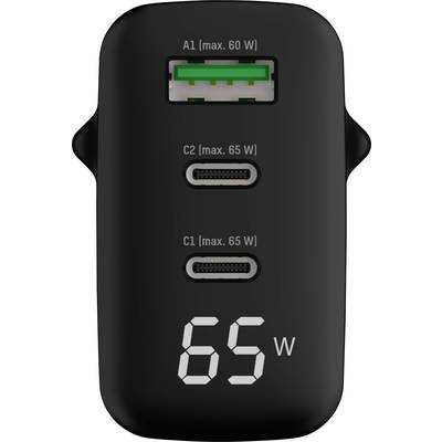 Zwart oplader met '65 W' display en drie aansluitingen: een USB-A (max. 60 W) en twee USB-C (elk max. 65 W).