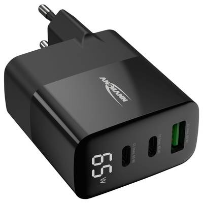 Zwart USB-oplader met drie poorten en een display dat '65W' aangeeft. Geschikt voor snel opladen van verschillende apparaten.