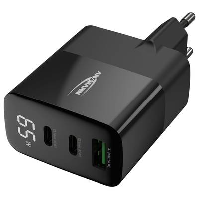 Zwart USB-oplaadapparaat met Europese stekker, toont een vermogen van '65 W', beschikt over twee USB-C- en één USB-A-poort.