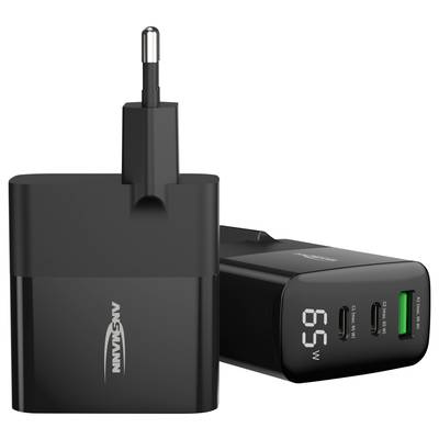 Zwart voedingsapparaat met twee USB-poorten en 65W-aanduiding. Links netstekker, rechts label en aansluitingen zichtbaar.