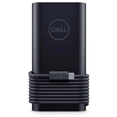 Een zwarte oplader met het Dell-logo dat om de behuizing is gewikkeld. De USB-C-aansluiting is zichtbaar.
