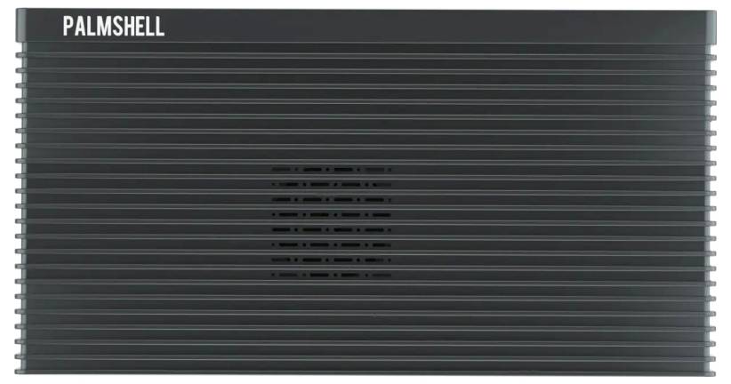 Een rechthoekig, geribbeld apparaat met de opdruk 'PALMSHELL' in de linkerbovenhoek. In het midden bevindt zich een ventilatierooster.