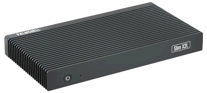 Een slanke, zwarte compacte computer met het opschrift 'Slim X2L' van het merk 'PalmShell'.