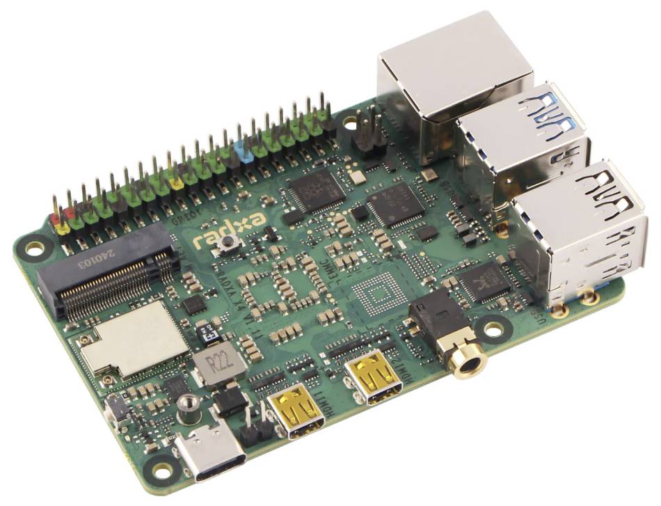 'Minicomputer-printplaat met aansluitingen, twee USB-poorten en gelabelde interfaces, geschikt voor technologische projecten en ontwikkelingen.'