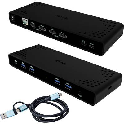 Twee zwarte hubs met meerdere USB-poorten en een Ethernet-poort; een USB-C-kabel ligt ernaast.