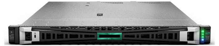 Een platte, zilveren server met zwarte ventilatiesleuven en een blauwe indicatielamp, een typisch ontwerp voor datacenters.