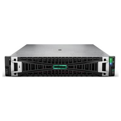 Een server met een zwart behuizing, een groen logo in het midden en verlichte LED-indicatoren rechts, ingezet voor gegevensverwerking.