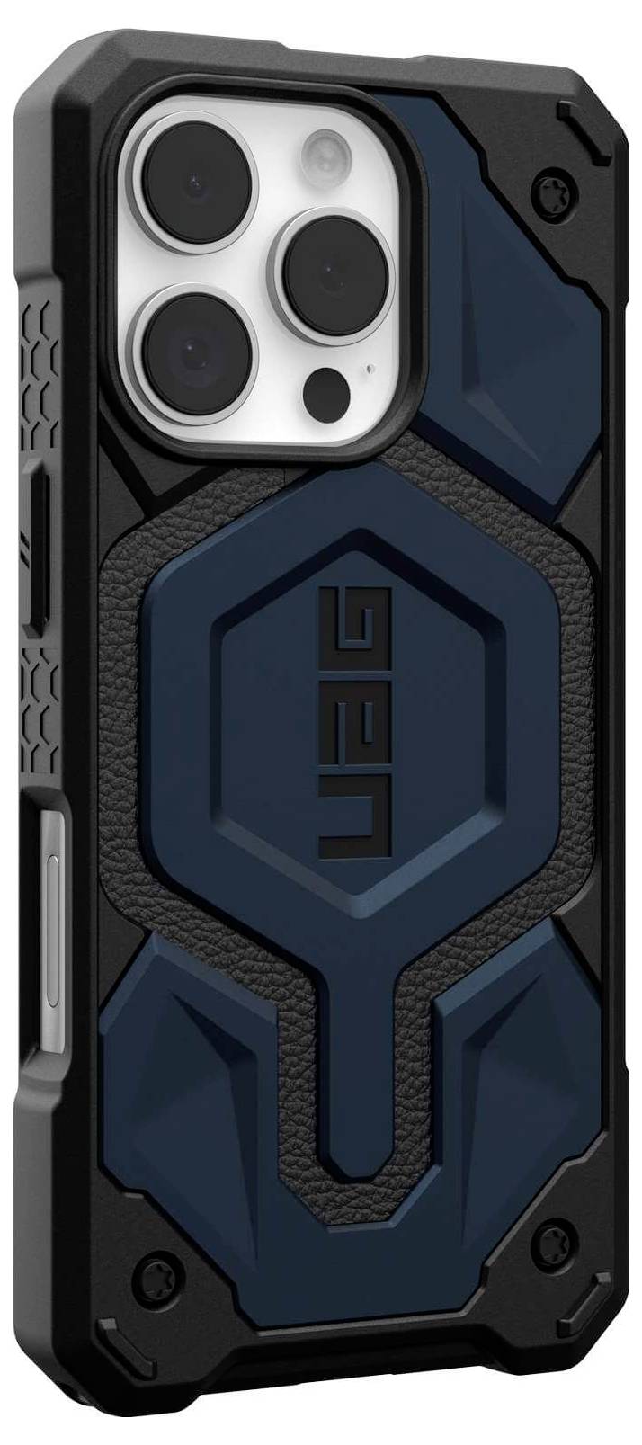 Robuust, blauw-zwart UAG iPhone-hoesje met versterkte hoeken en zeshoekig patroon, biedt bescherming tegen stoten en krassen.