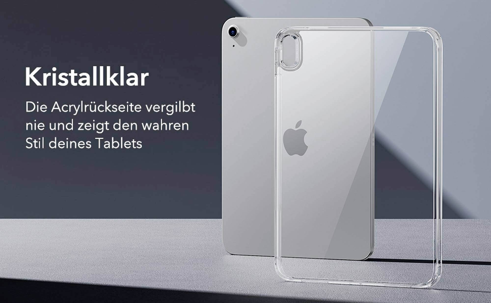 Een transparante tablethoes van acryl onthult het Apple-logo aan de achterkant. Tekst: 'Kristalheldere. De acryl achterkant vergelt nooit en toont de echte stijl van je tablet.'