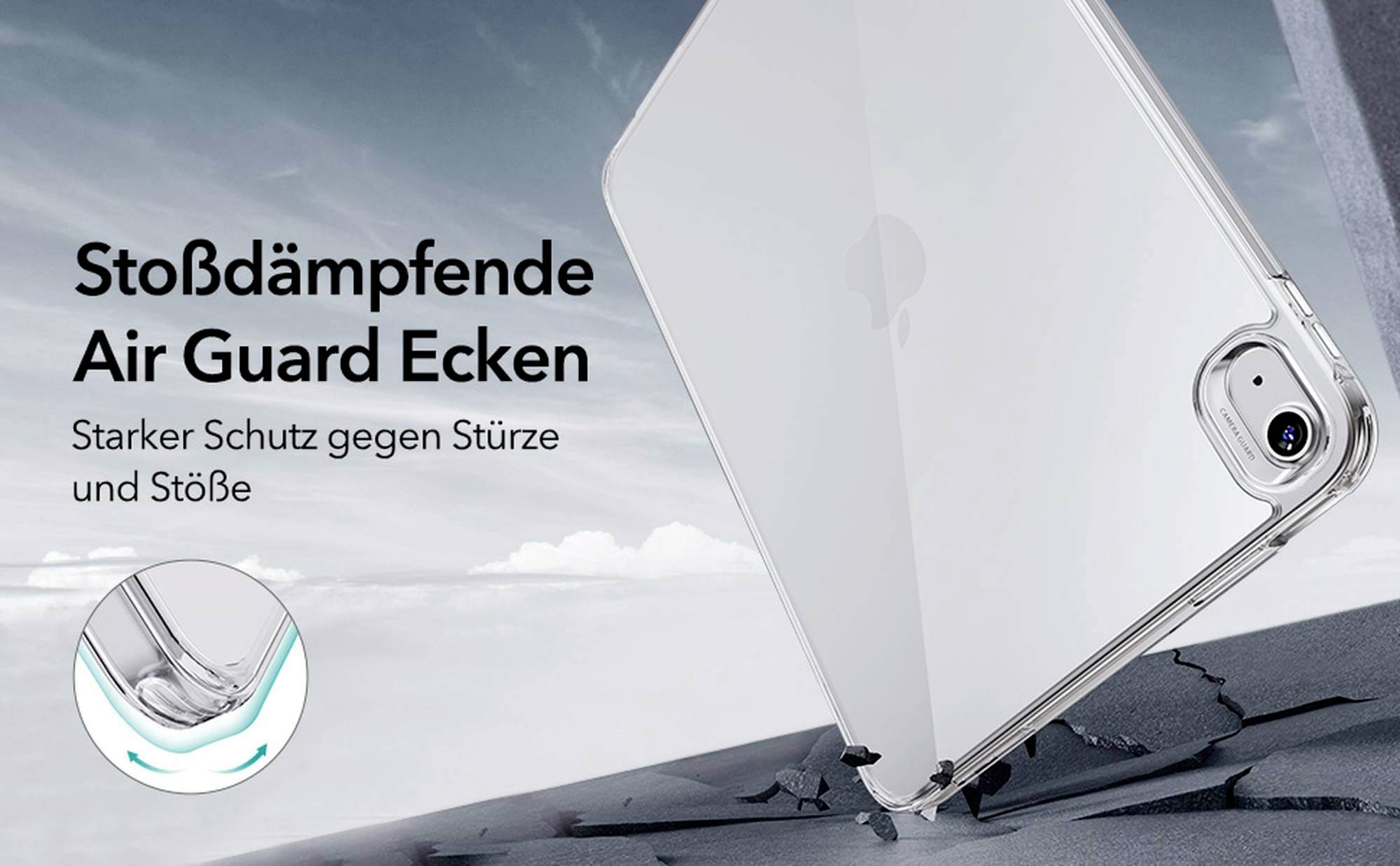 Transparante telefoonhoes met schokdempende hoeken, aangeprezen als bescherming tegen vallen en stoten. Achtergrond: bewolkte lucht.