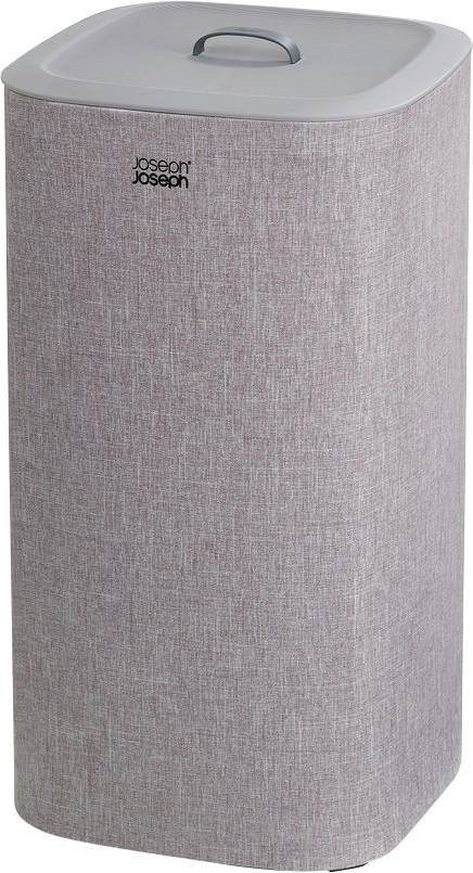 Een grijze wasmand met een rechthoekige vorm en een deksel. Het materiaal vertoont een gestructureerde oppervlakte.