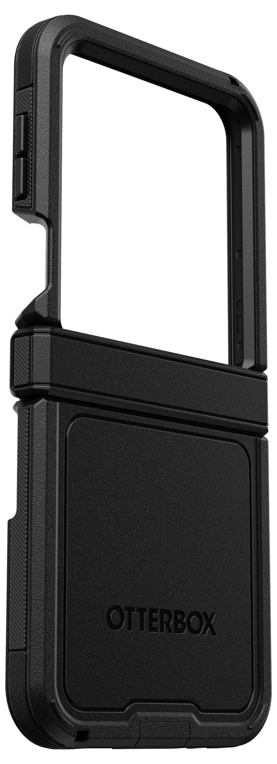 Zwarte OtterBox beschermhoes voor een opvouwbare telefoon, toont robuust ontwerp en beschermende eigenschappen.