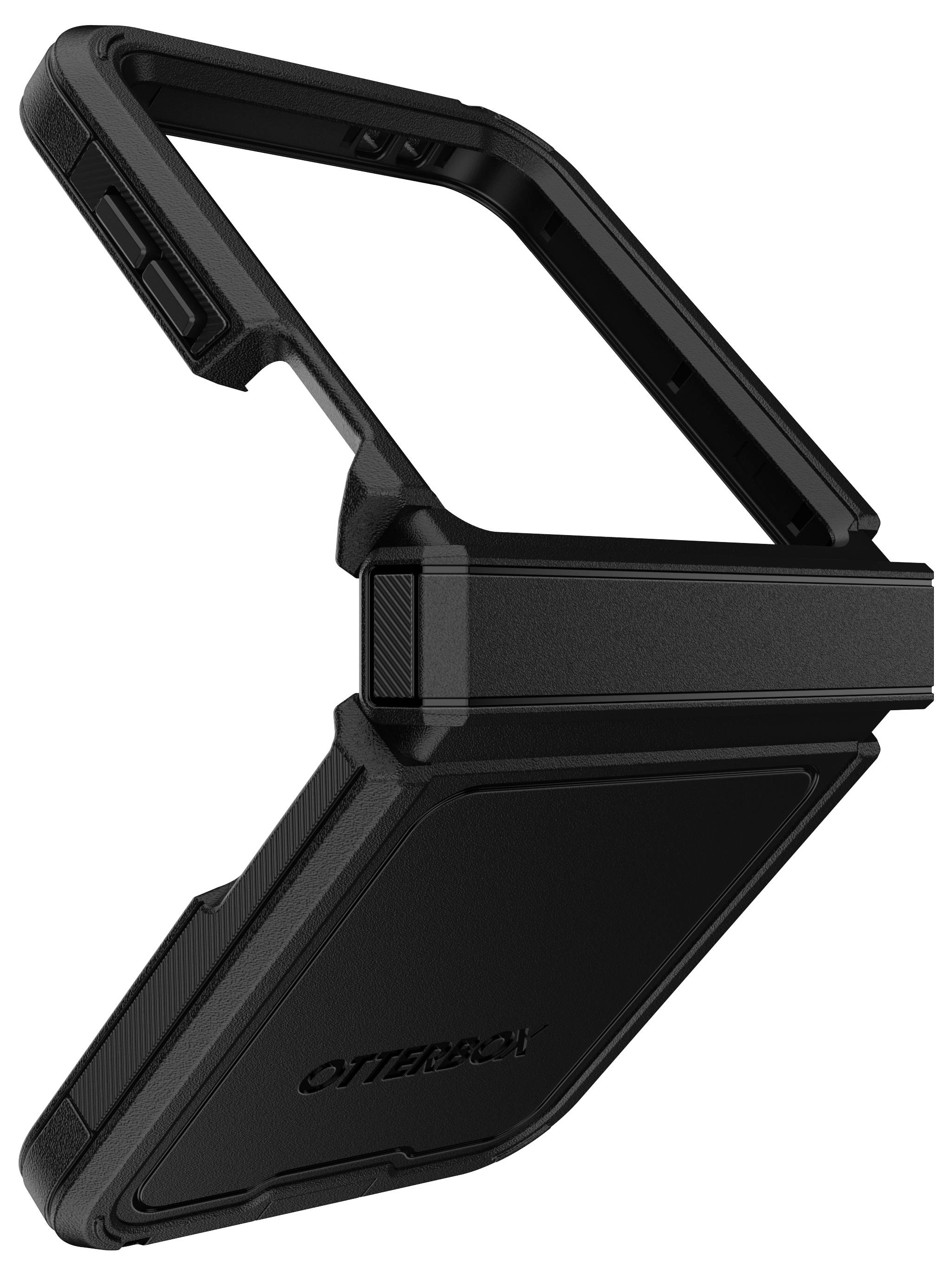 Zwarte telefoonhoes met robuust ontwerp, merknaam 'OtterBox' aan de zijkant. Hij biedt extra bescherming en een stevige grip.