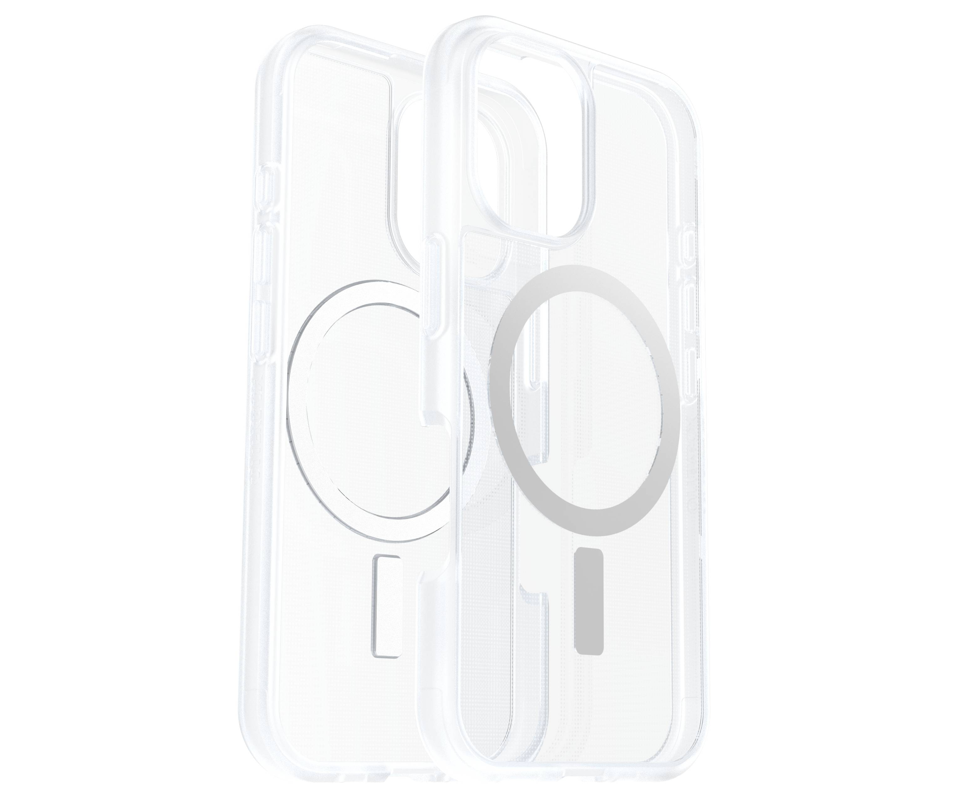 Twee transparante telefoonhoesjes met een rond magnetisch ontwerp tonen de achterkant van een smartphone. Ideaal voor MagSafe-compatibiliteit.